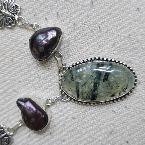 Rutile  quartz, Thahitian pearl, and green aventurine 925 necklace - Picture 2 of 7